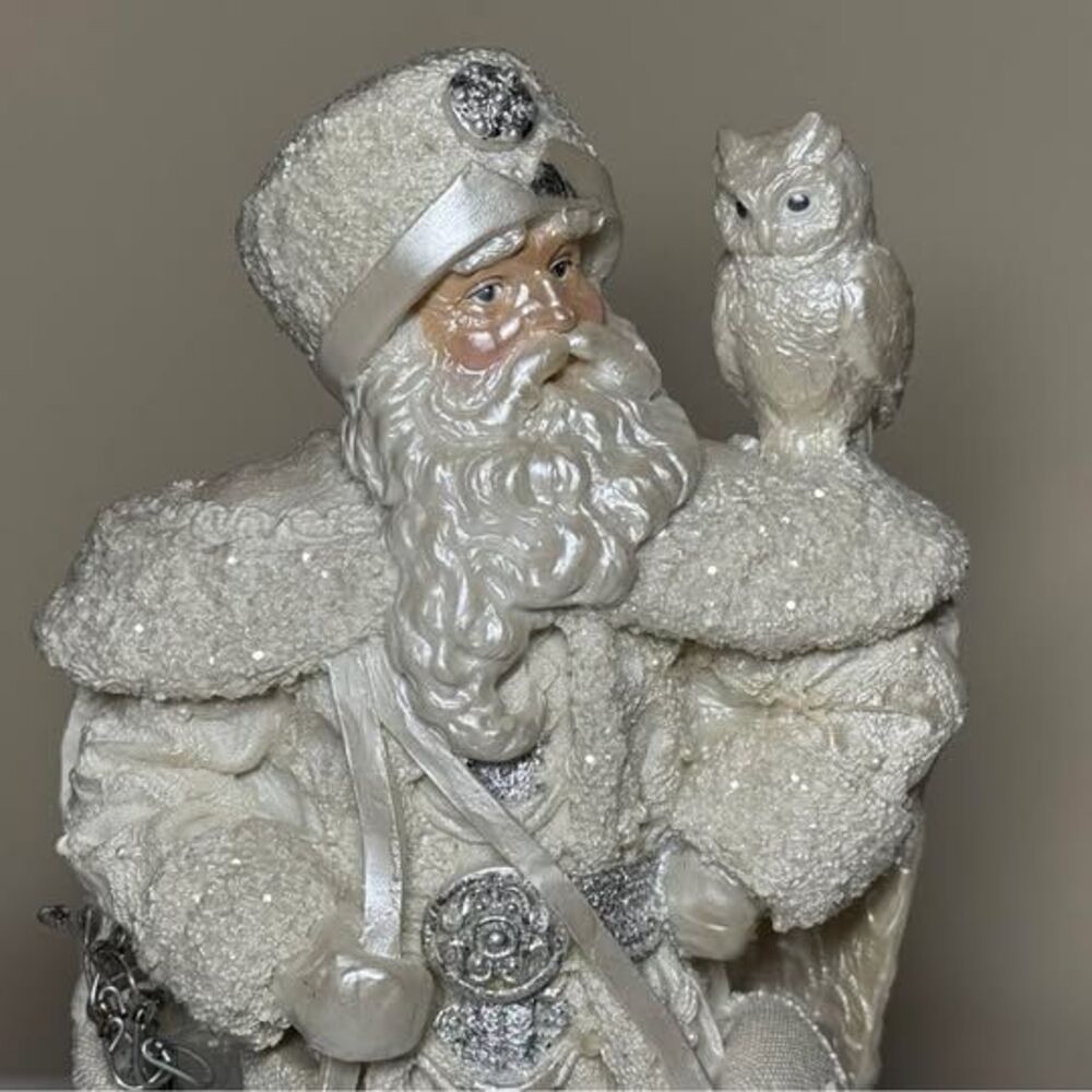 Old World Woodland Santa Claus Figurine White Silver Snowy Owl Vintage Style